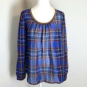 E hangar M Royal Blue Plaid Sheer Top w/Gold Accent around Neckline, Size Large